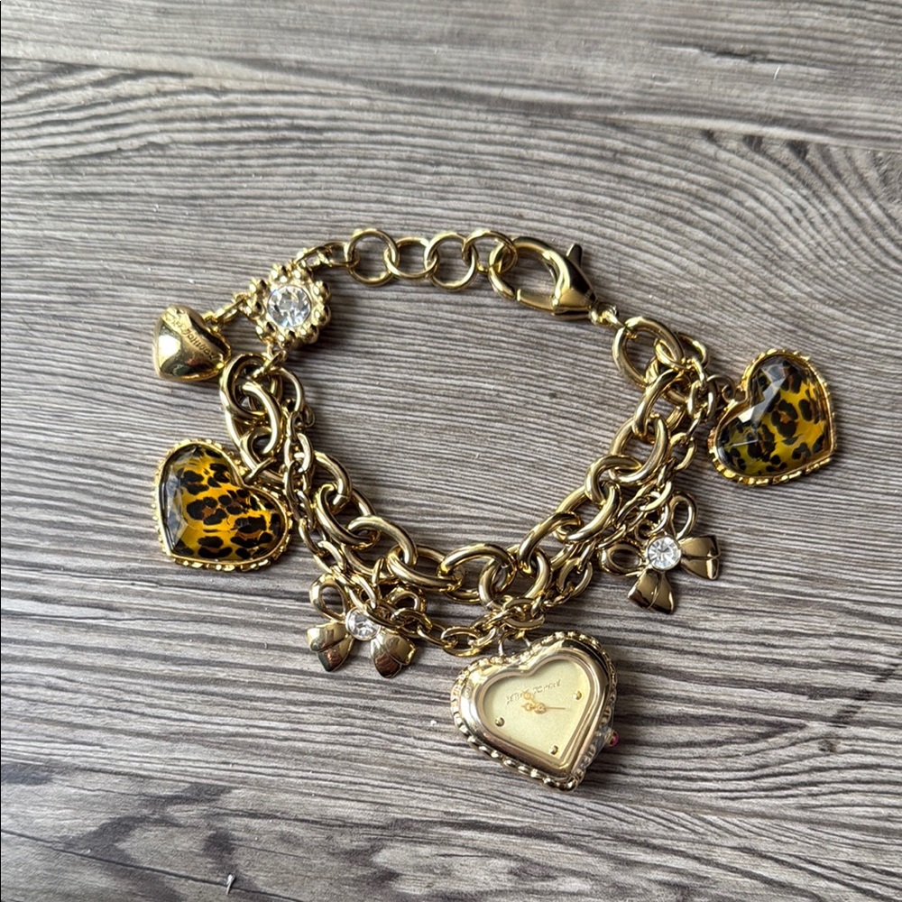 Betsey Johnson Gold-Tone Leopard Heart Charm Bracelet with Watch